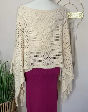 Boho western fringe poncho knit sweater /coverup thumbnail 1