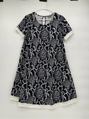 Navy Floral Asymmetrical A-Line Dress with White Trim thumbnail 1