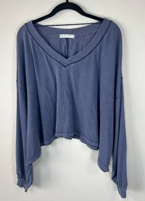 Free People We The Free Buffy Tee Shirt Blue Oversize Crop Long Sleeve Cotton XS thumbnail 1