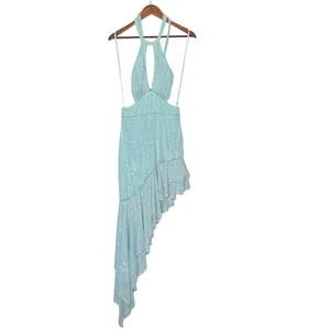 Mac Duggal 11274 Aqua Sequin Halter High Low Ruffle Gown Size 8 NWT thumbnail 3