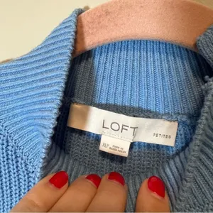 Loft Women’s Blue and‎ Navy Striped Mock Neck Button Sweater XLP thumbnail 3