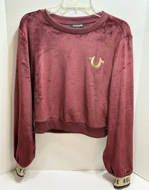 True Religion Women's L Burgundy Velour Cropped Sweatshirt Gold Logo Cuffs thumbnail 1
