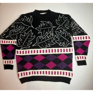 Vintage Cabin Creek Sweater Womens‎ Medium Black Leaf Argyle Knit Pullover thumbnail 1