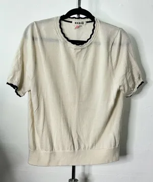 Boden Short Sleeve Sweater Ivory Navy Scalloped Trim Knit Top thumbnail 1