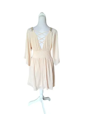 Lulus Reign Check Pale Peach Embroidered Dress Mini Boho Womens Medium NEW thumbnail 4