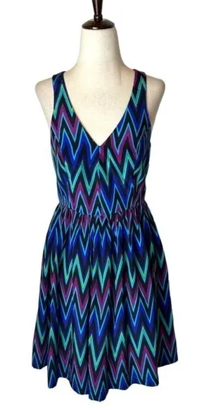 Amanda Uprichard Blue Chevron Print Silk‎ Sleeveless Fit And Flare Mini Dress XS thumbnail 1