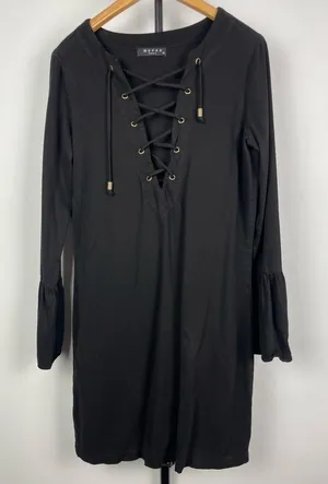 Maven West Black Lace-Up Neckline Long‎ Bell Sleeve Mini Shift Dress thumbnail 1