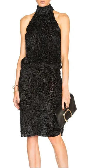 Nili lotan fringe feather halter silk blend dress in black size medium thumbnail 1