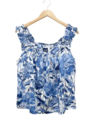 GAP 2 Pc Pajama Set Sz Medium Blue Floral 100% Cotton Ruffle Sleep Shorts Lounge thumbnail 2