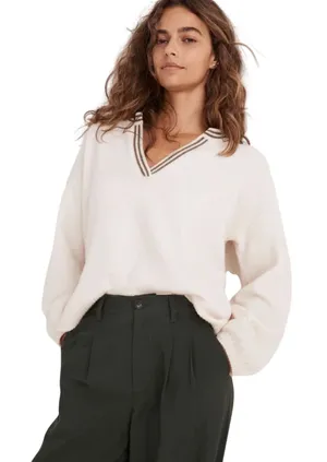 MADEWELL Women’s Wiltshire Vneck Cream Varsity Stripe Pullover Sweater thumbnail 1