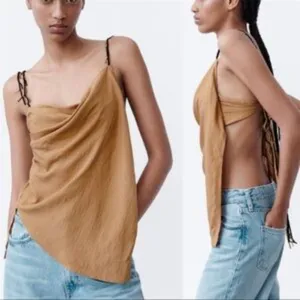 ZARA Asymmetric Handkerchief Beaded Blouse‎ Tan Small thumbnail 2