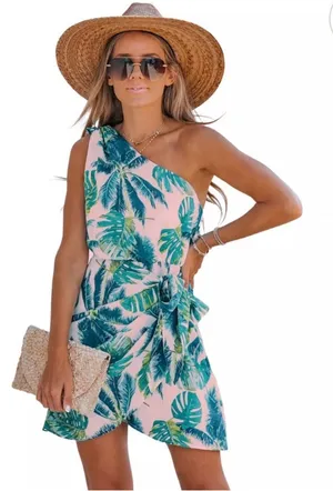 Cupshe Pink One-Shoulder Palm Print Tie-Waist Dress thumbnail 1