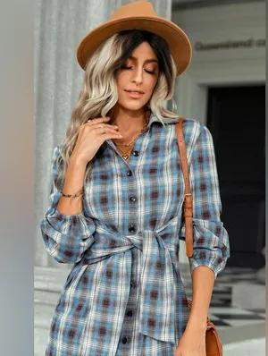 Blue Plaid Flannel Button Front Shirt Dress with Sash Front Tie Casual Western thumbnail 5