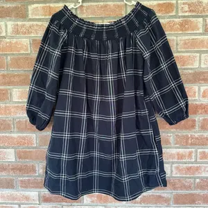 Abercrombie Fitch Plaid Off Shoulder Mini Dress Navy White Women’s Large thumbnail 2