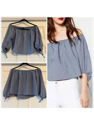 Women Zara Crop Top Gingham Blouse XS Blue Black White Bow Sleeve Off Shoulder thumbnail 2
