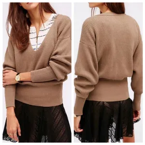 Free People Taupe Knit Allure Pull Over‎ Sweater Size XS Deep V Neck thumbnail 2