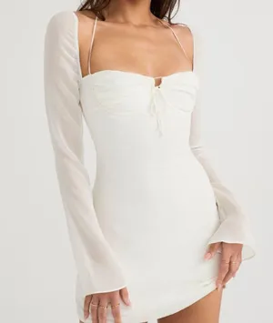 House of CB BABYDOLL IVORY CHIFFON HALTER MINI DRESS thumbnail 7
