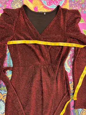 Elegant Burgundy Shimmer Faux Wrap Dress - Puff Sleeves Tulip Hem thumbnail 6