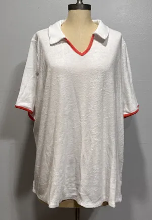 Denim & Co Beach Terry Cloth Knit Polo Contrast Trim Size 1X White A602904 Pool thumbnail 1