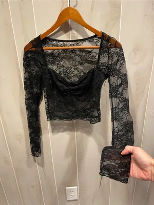 Source Unknown Cute black lace crop long sleeve sweetheart neck distressed top goth costume thumbnail 3