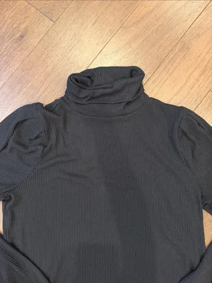 LOFT Black Ribbed Puff-Sleeve Turtleneck Sweater Size Large - C66-027 thumbnail 4