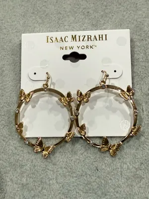 2/20 Isaac Mizrahi Gold Butterfly drop dangle Hoop Earrings Crystal Accents thumbnail 2