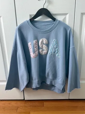 Oversized Bell Sleeve USA Sweatshirt in Blue thumbnail 2