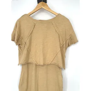 VOY Midi Dress S Tan Slub Knit Layered Raw Hem Boho Lagenlook Earthy Neutral thumbnail 2