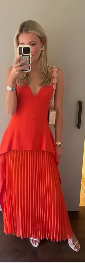 NWT Sequoia Pleated Combo Sleeveless V-Neck Midi Dress in Flame Orange Sz 00 thumbnail 1