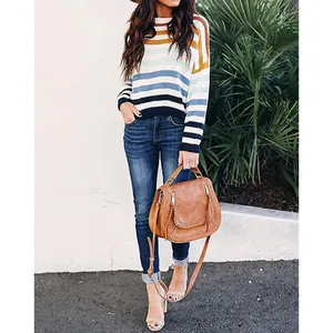 Long Sleeve Striped Color Block Casual Loose Knitted Pullover Sweater Top Medium thumbnail 3