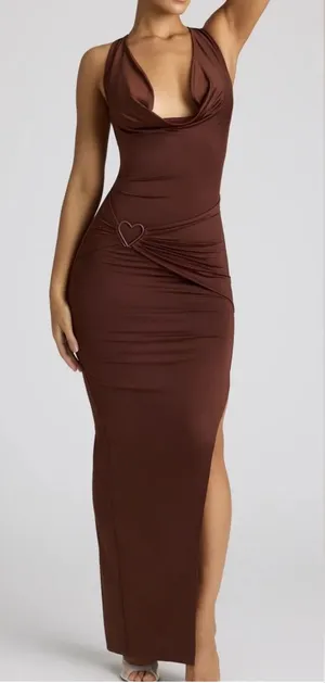 NEW Oh Polly Multiwear Cowl Neck Wrap Over Evening Gown in Chocolate Brown 4 thumbnail 1