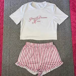 SHEIN Slogan And Stripe Print Pajama Set thumbnail 9