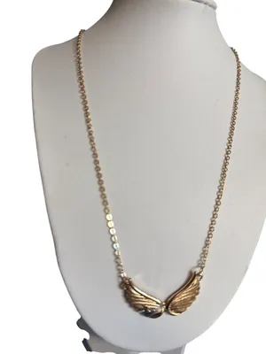 Gold Tone Angel Wings Pendant Necklace Textured Dainty 15" + 3" extender thumbnail 1