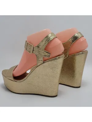 Bamboo Platform High Wedge Heels Ankle Strap Round Toe Metallic Gold Sandal Sz 8 thumbnail 13