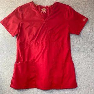 Dickies Scrub Top Women's Sz XS Red Mock Wrap Empire Waist‎ Medical Nursing Work thumbnail 1