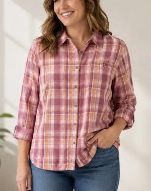 LL Bean Rangely Flannel Shirt XL Red Pink Orange Plaid Cotton Tencel Button Up thumbnail 1