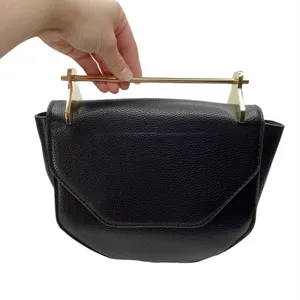 Black Faux Leather Structured Metal Handle Purse Bag thumbnail 13