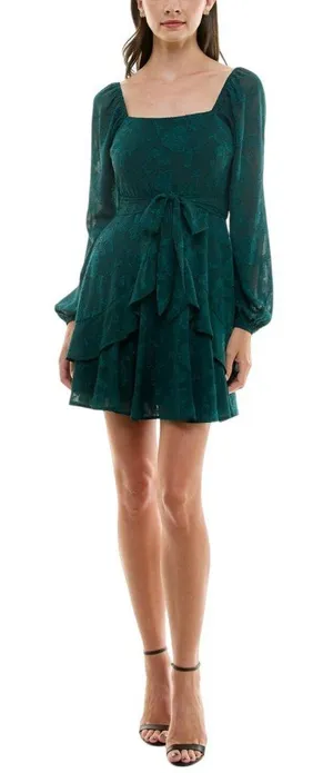 NWT Trixxi Tie-Waist Ruffled Jacquard Dress Belted 26EB4278FI Hunter Green S thumbnail 1
