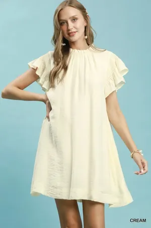 Umgee Ruffle Flutter Sleeve Dress - Cream - Small thumbnail 1