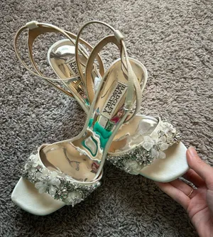 Badgley Mischka Ivory Satin Crystal Floral Open-Toe Heels thumbnail 1