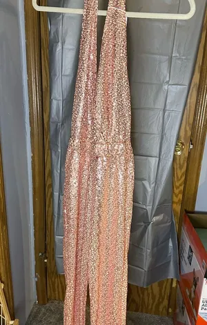 Sparkling Rose Gold Sequin Halter Jumpsuit Pink Size M thumbnail 1