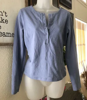 Express Baby blue y2k fitted long sleeve top half button slim fit tee tshirt (Size M) thumbnail 1