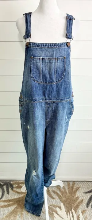 Ann Taylor Loft Distressed Blue Jean Denim Overalls Size L thumbnail 1