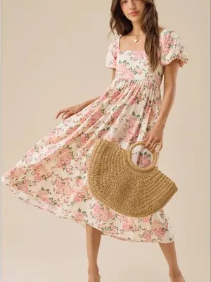 Altar'd State Floral Midi Dress Size Large Pink Wedding Cameron Linen thumbnail 1