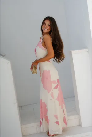 These Three Boutique One Shoulder Pink/Cream Maxi Dress Small thumbnail 4