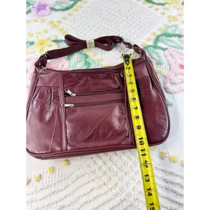 Burgundy Patchwork Leather Multi Pocket Crossbody Shoulder Bag Wine‎ Red thumbnail 6