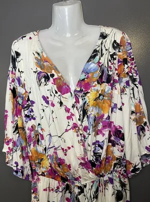 Umgee Romper Womens Large Multicolor Floral V Neck Tassel Tie 3/4 Sleeve thumbnail 1