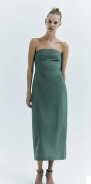 Zara green tube strapless midi linen blend dress thumbnail 4