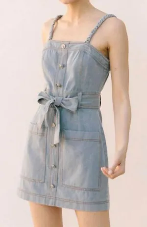 Storia Back At It Denim Braided Strap Belted Mini Dress Pockets thumbnail 1