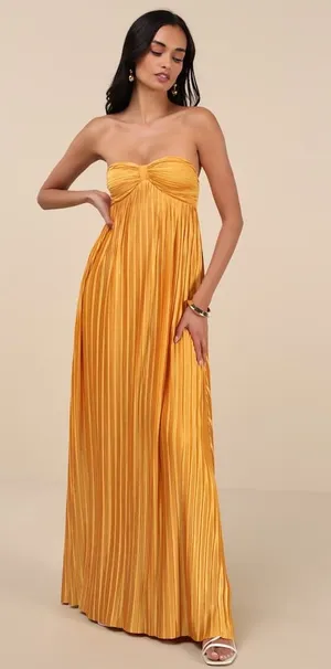 NWOT Lulus Whimsical Beauty Golden Yellow Satin Plisse Strapless Maxi Dress XS thumbnail 1